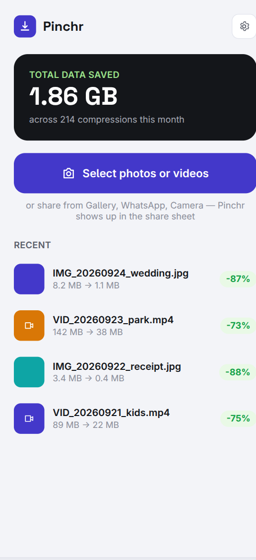 Pinchr home, with total data saved and recent files